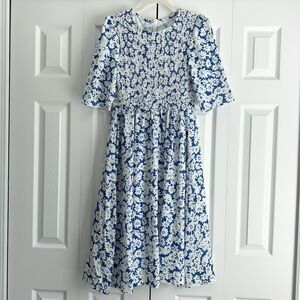Ditsy Floral Dress Size S Blue White Daisy Smocked Midi Half Sleeves Cottagecore